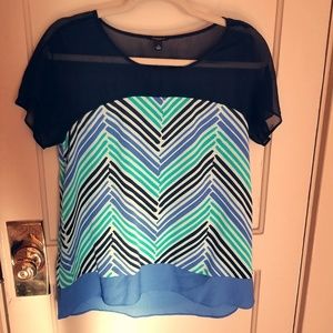 Blue and green sheer neckline blouse by Ann Taylor
